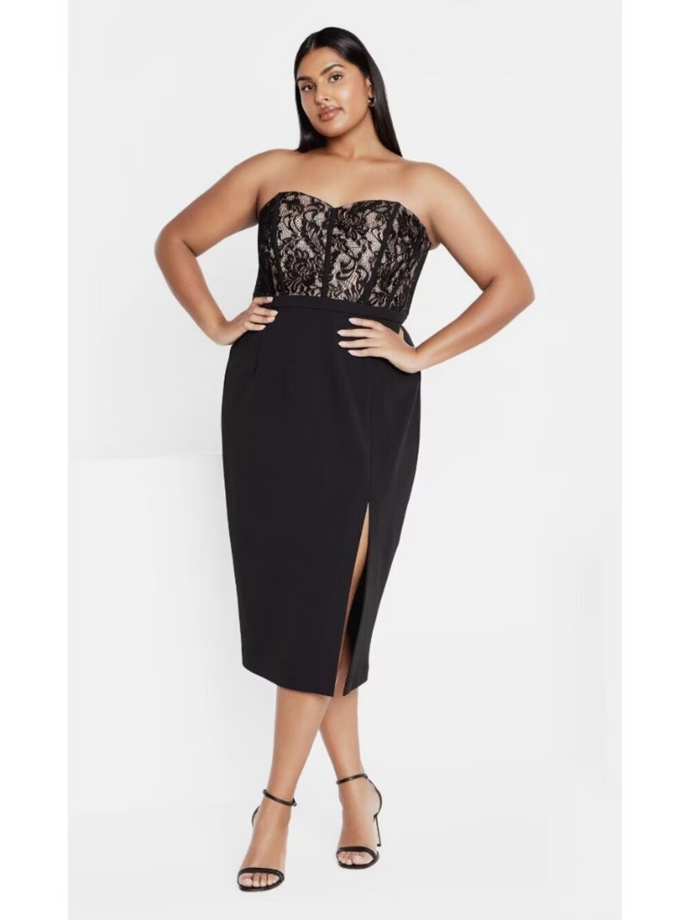 City Chic Perfect Date Black Strapless Lace Midi Dress M/18 NWT Split Detail